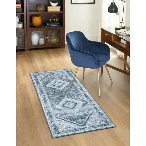 Unique Loom Kamala Washable Collection Area Rug - Medaillon (2' x 8' Runner Navy Blue/Ivory)