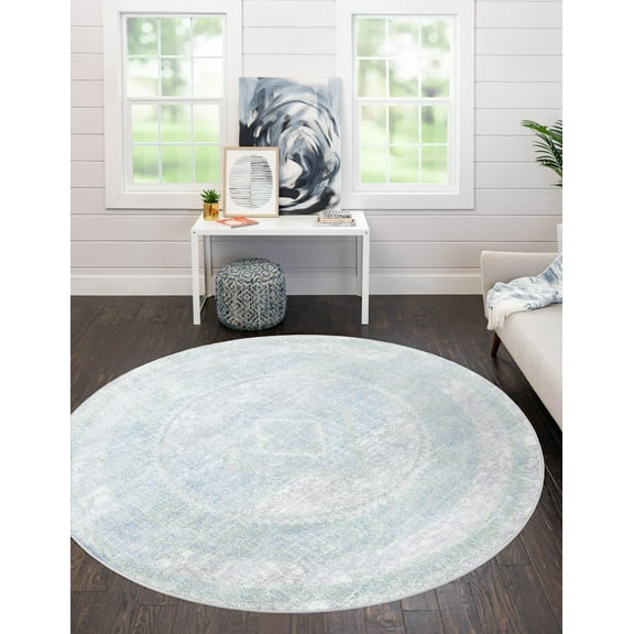 Unique Loom Kamala Washable Collection Area Rug - Medaillon (3' 3" Round Gray Green/Light Blue)