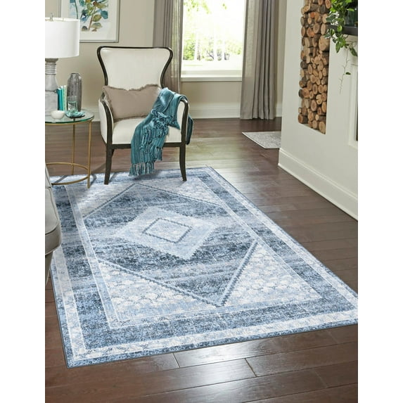 Unique Loom Kamala Washable Collection Area Rug - Medaillon (5' 3" x 8' Rectangle Navy Blue/Ivory)