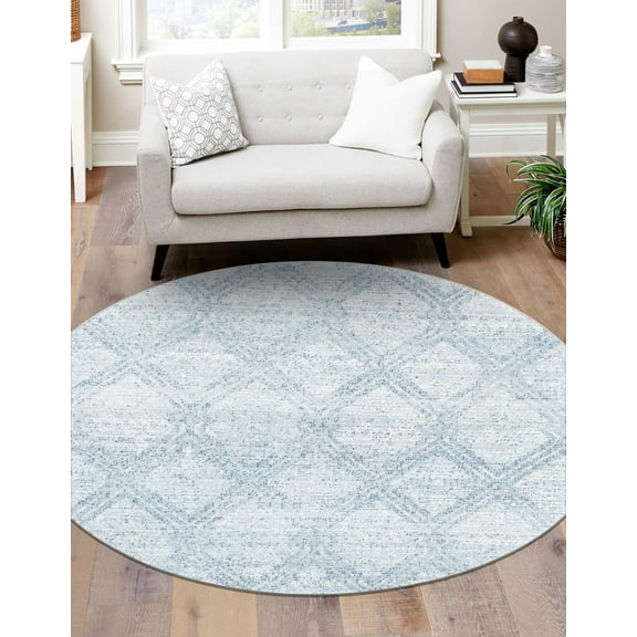 Unique Loom Kamala Washable Collection Area Rug - Modern Trellis (3' 3" Round Blue/Ivory)