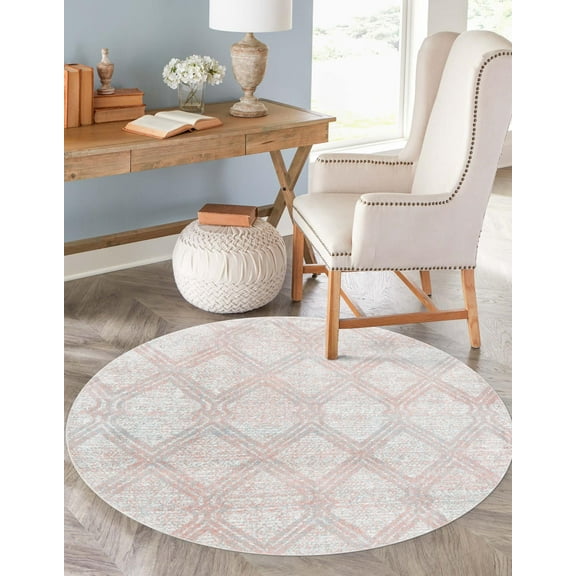 Unique Loom Kamala Washable Collection Area Rug - Modern Trellis (3' 3" Round Rose Pink/Gray)
