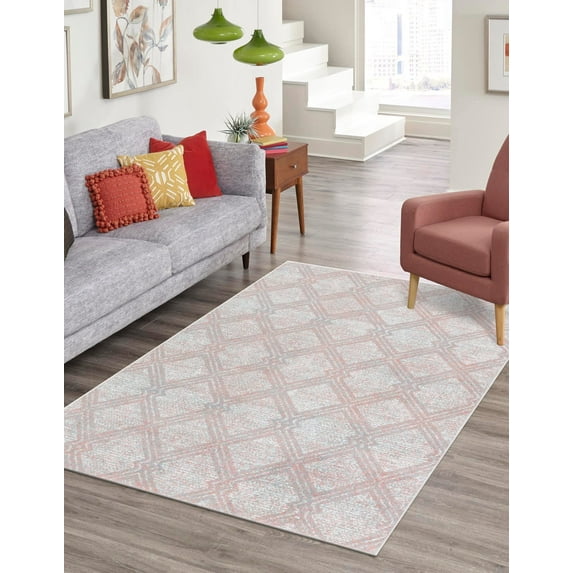 Unique Loom Kamala Washable Collection Area Rug - Modern Trellis (9' x 12' Rectangle Rose Pink/Gray)