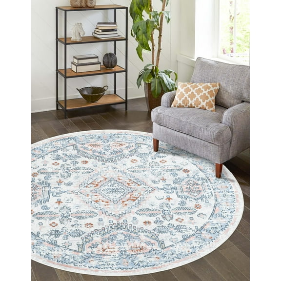 Unique Loom Kamala Washable Collection Area Rug - Oriental (5' 3" Round Ivory/Gray)