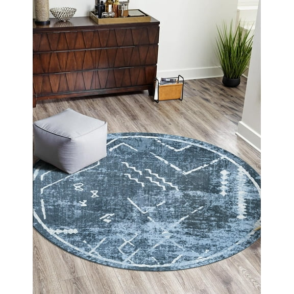 Unique Loom Kamala Washable Collection Area Rug - Tribal (3' 3" Round Navy Blue/Gray)