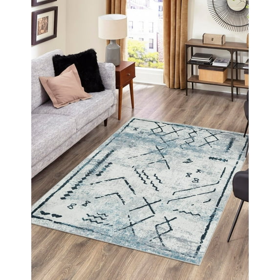 Unique Loom Kamala Washable Collection Area Rug - Tribal (7' 10" x 10' Rectangle Ivory Gray/Blue)