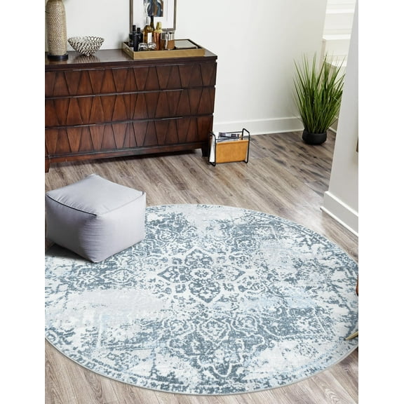 Unique Loom Kamala Washable Collection Area Rug - Vintage (3' 3" Round Navy Blue/Gray)