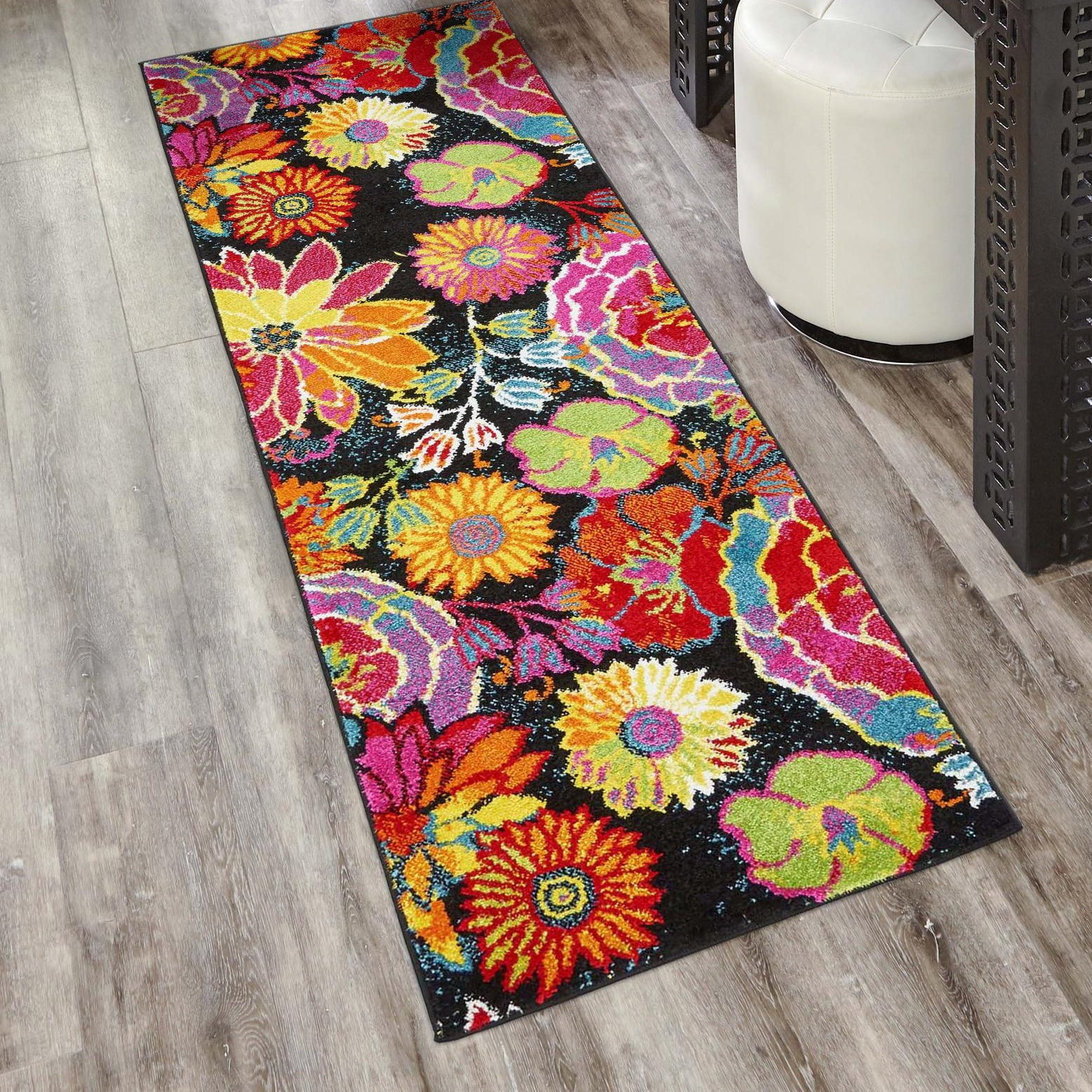 Black Floral Easy Care Kids Runner Rug 2'7" x 12'