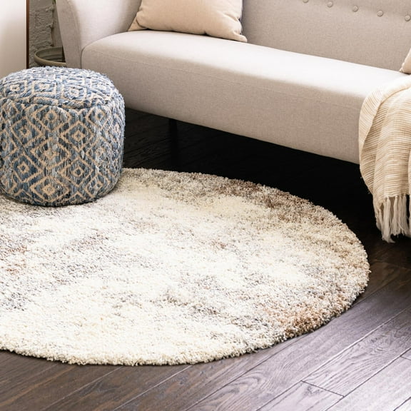 Unique Loom Soft Touch Shag Collection Area Rug - Kofi (3' 3" Round Khaki/Ivory)