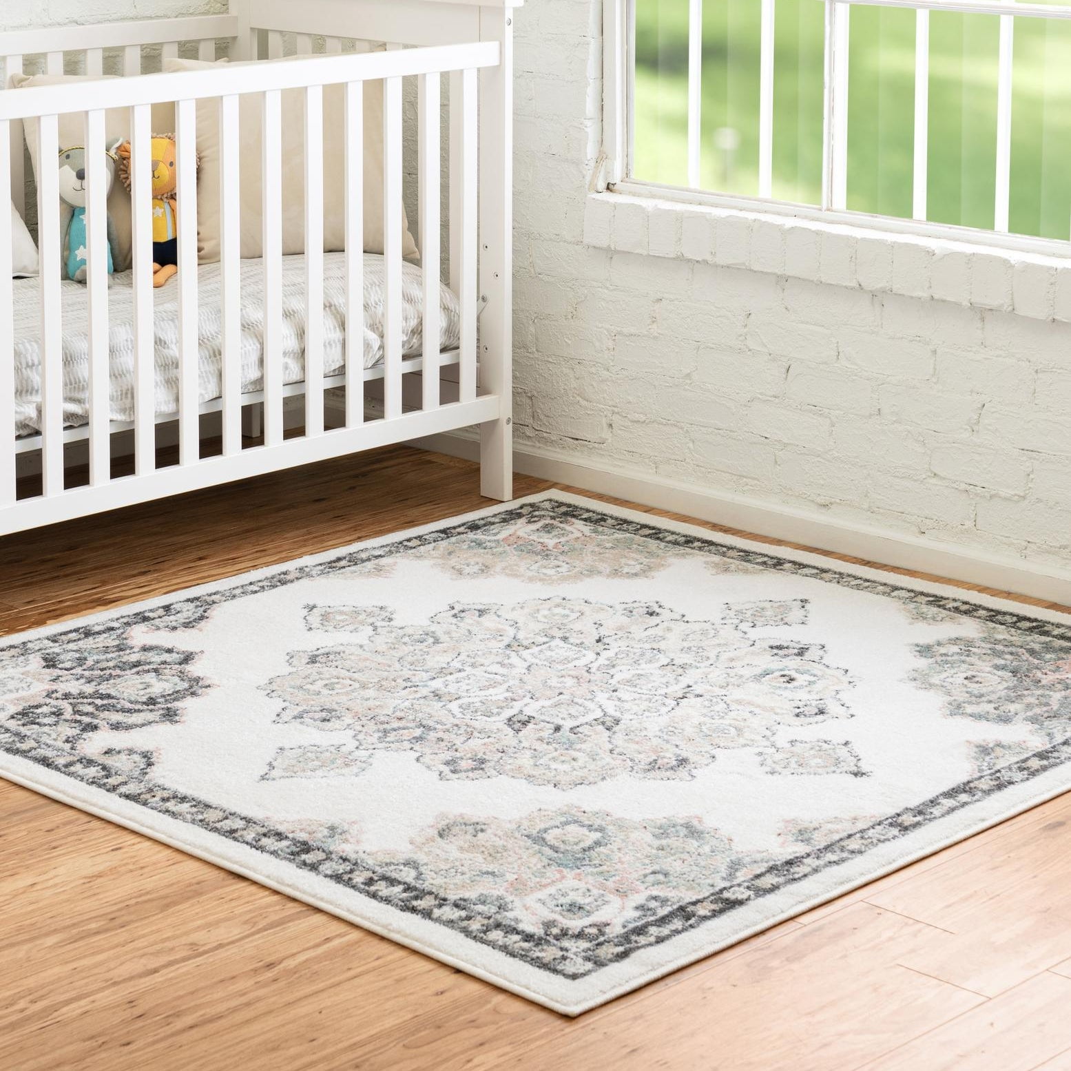 Ivory Medallion Square Synthetic Kids Rug