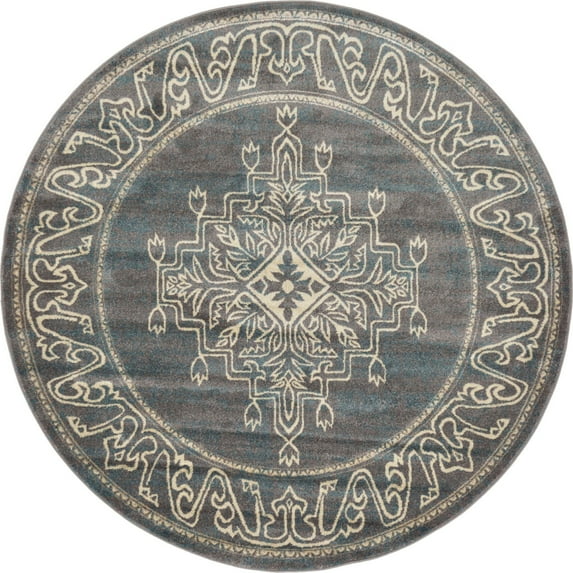 Unique Loom Kumla Aurora Rug Gray/Blue 6' 1" Round Border Traditional Perfect For Dining Room Entryway Bed Room