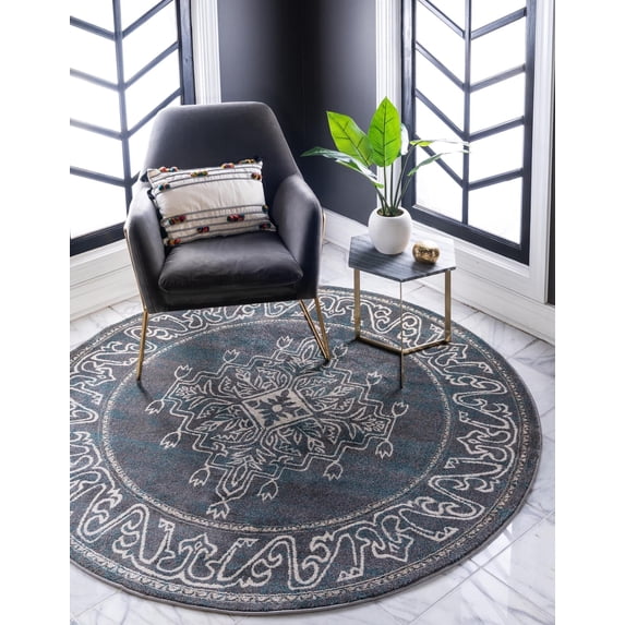 Unique Loom Kumla Aurora Rug Gray/Blue 8' Round Border Traditional Perfect For Dining Room Entryway Bed Room