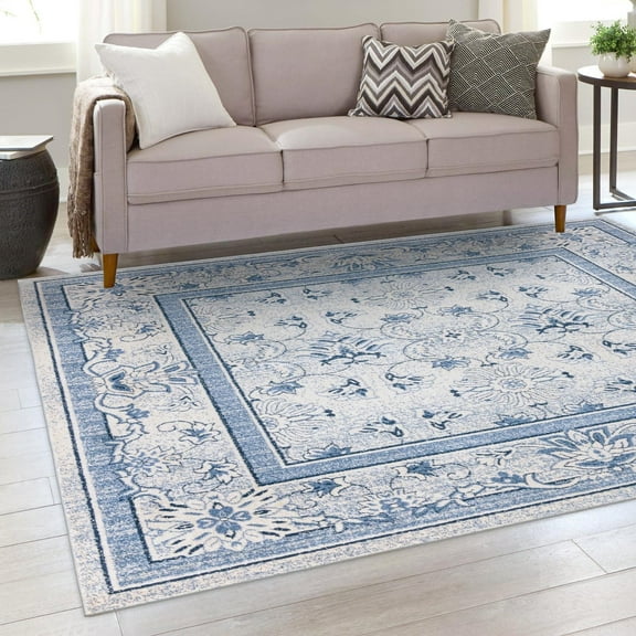 Unique Loom La Jolla Collection Area Rug - Botanica (7' 10" Square Ivory Blue/Beige)