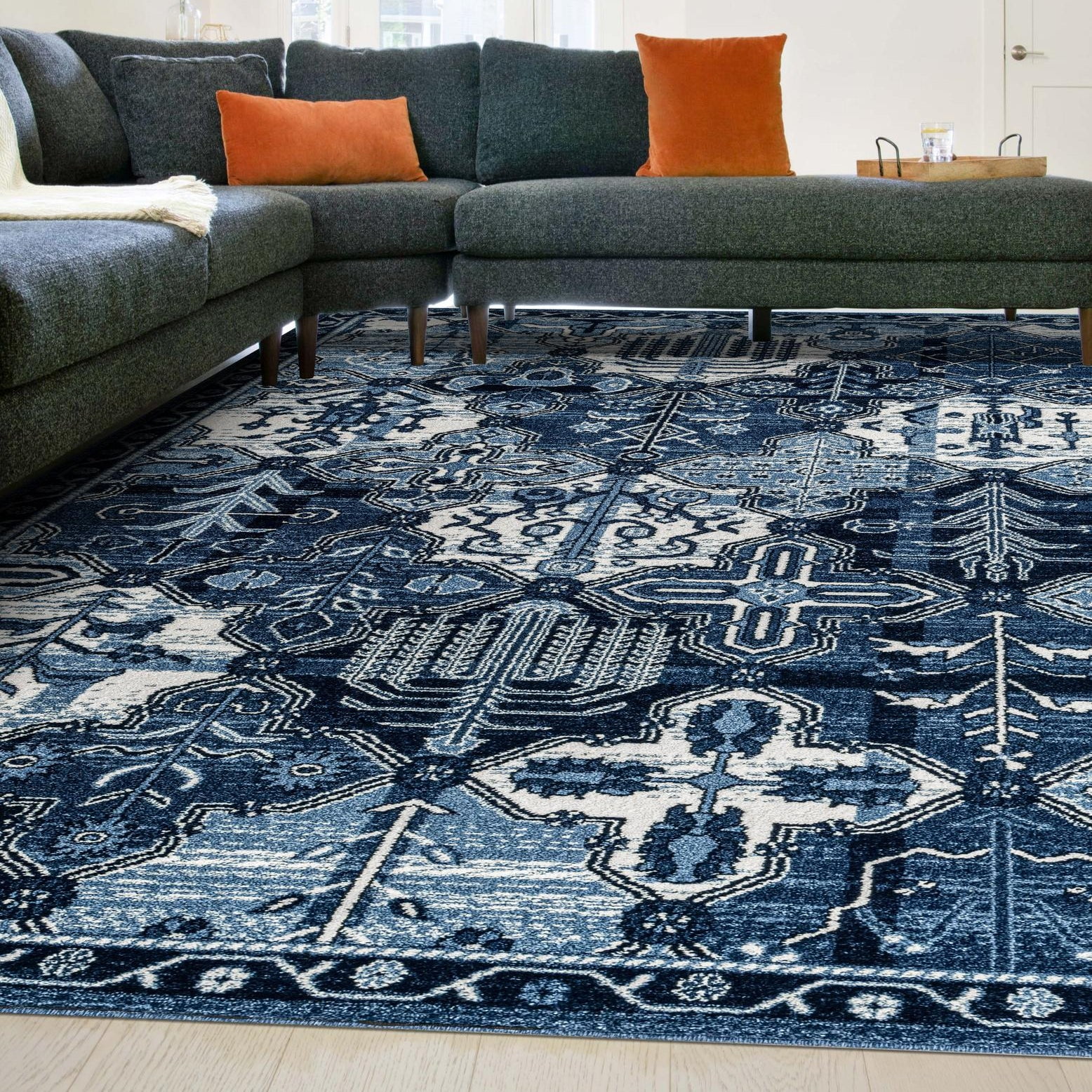 Miranda 4' x 6' Blue and Ivory Easy-Care Synthetic Area Rug
