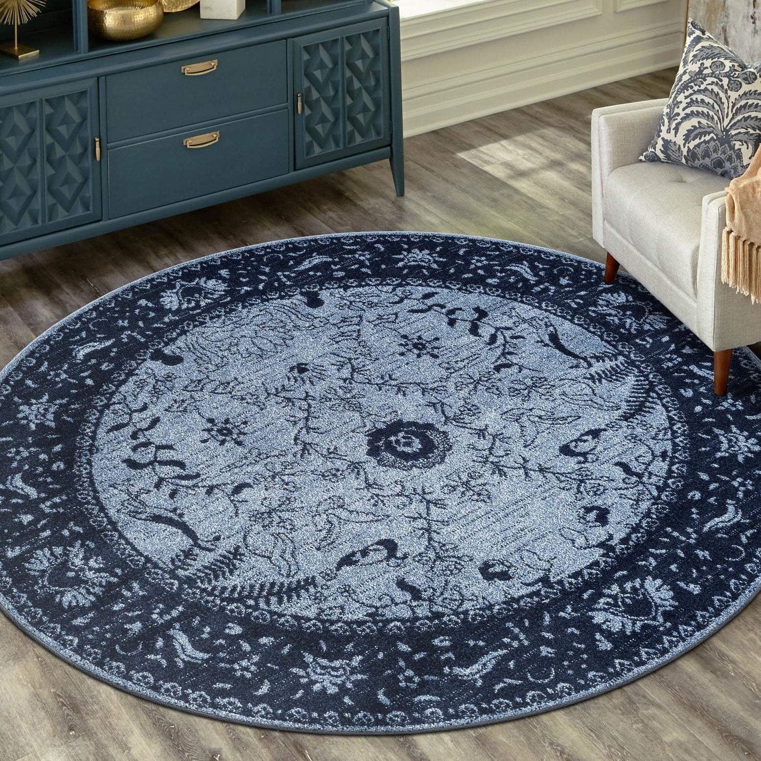 Navy Bliss Floral Easy-Care Synthetic Round Rug, 6'1"