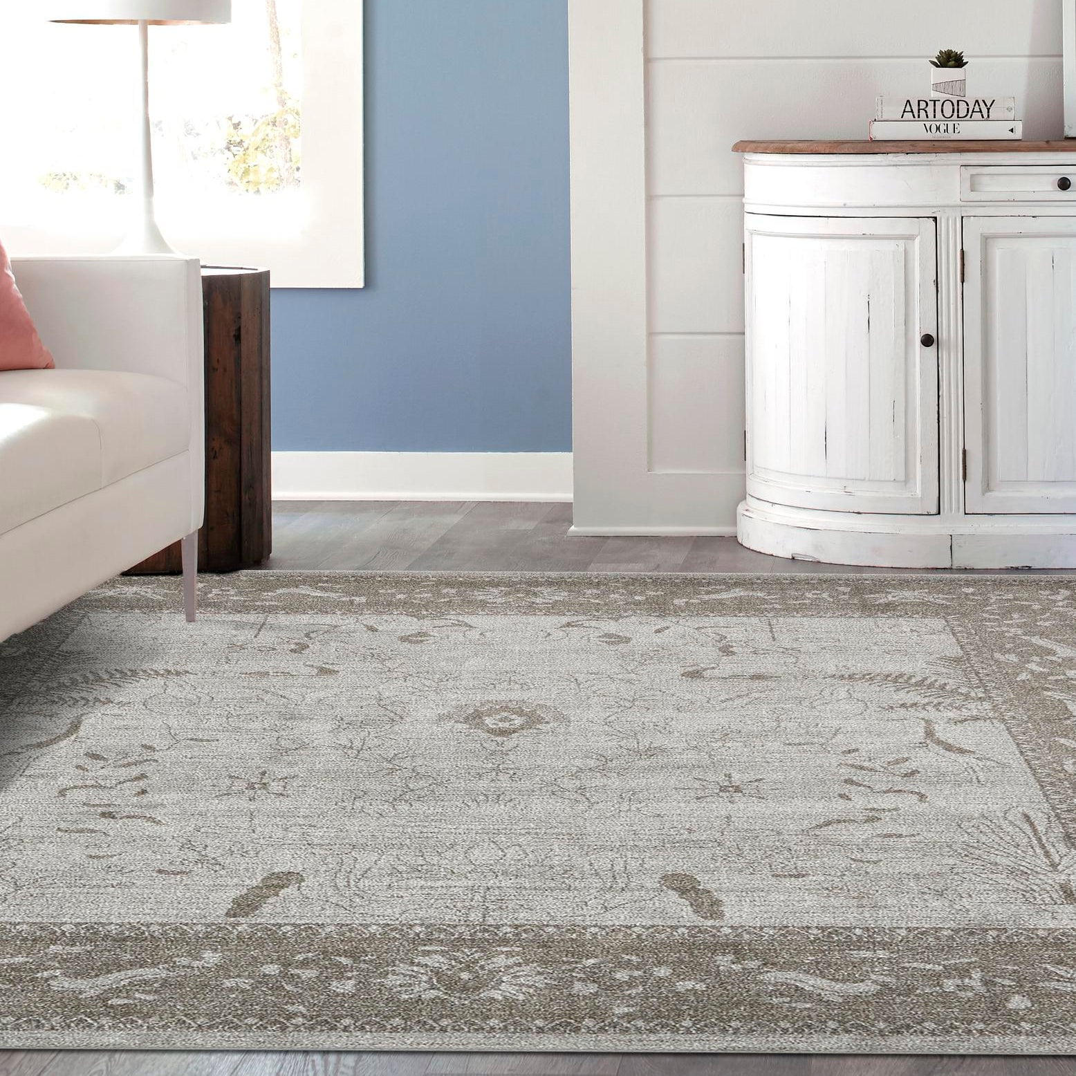La Jolla Light Gray and Dark Gray Floral Square Synthetic Rug