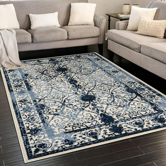 Unique Loom La Jolla Collection Area Rug - Traditional (10' 6" x 16' 5" Rectangle Ivory and Blue/Blue)