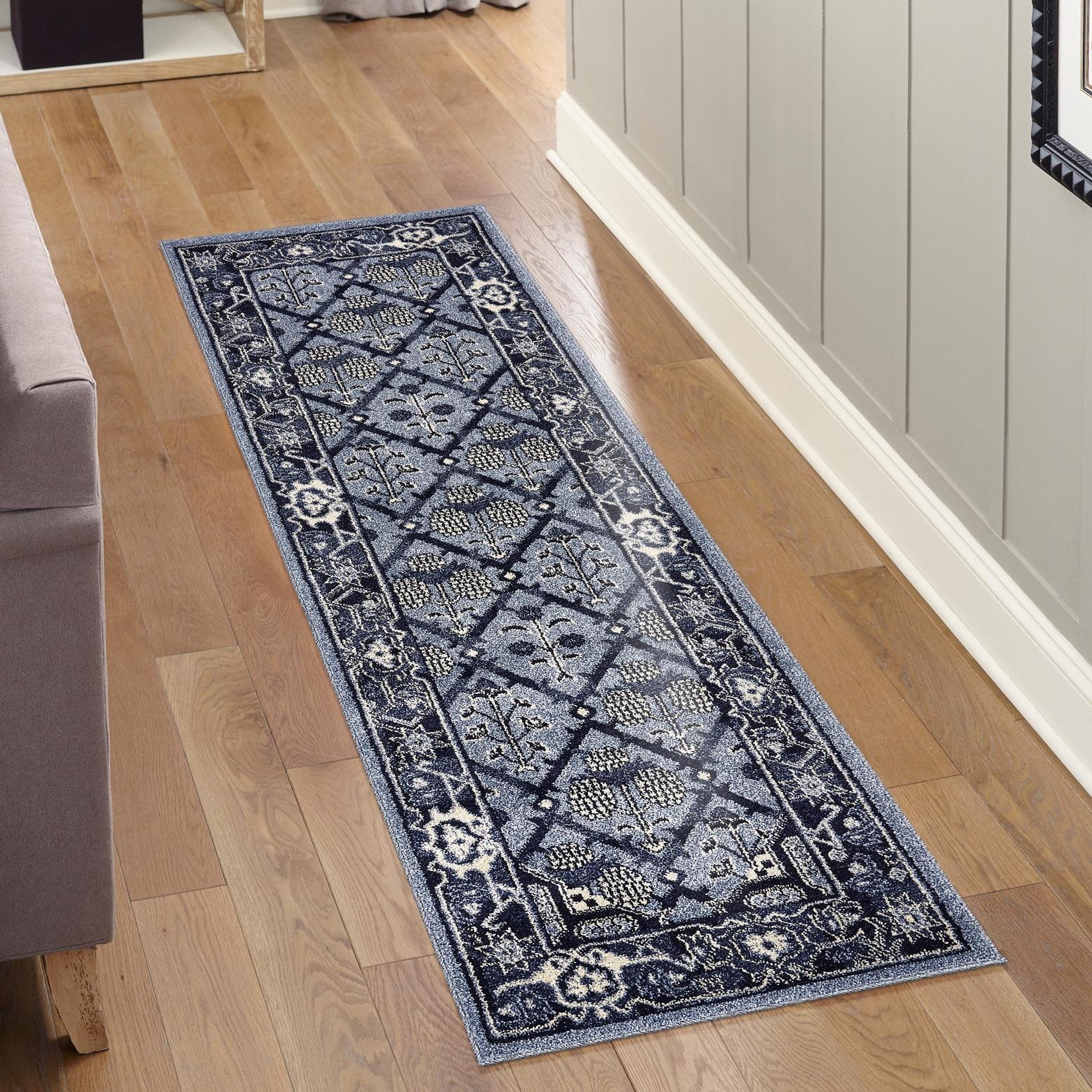 Blue and Ivory Synthetic Trellis Runner Rug, 2'7" x 10'