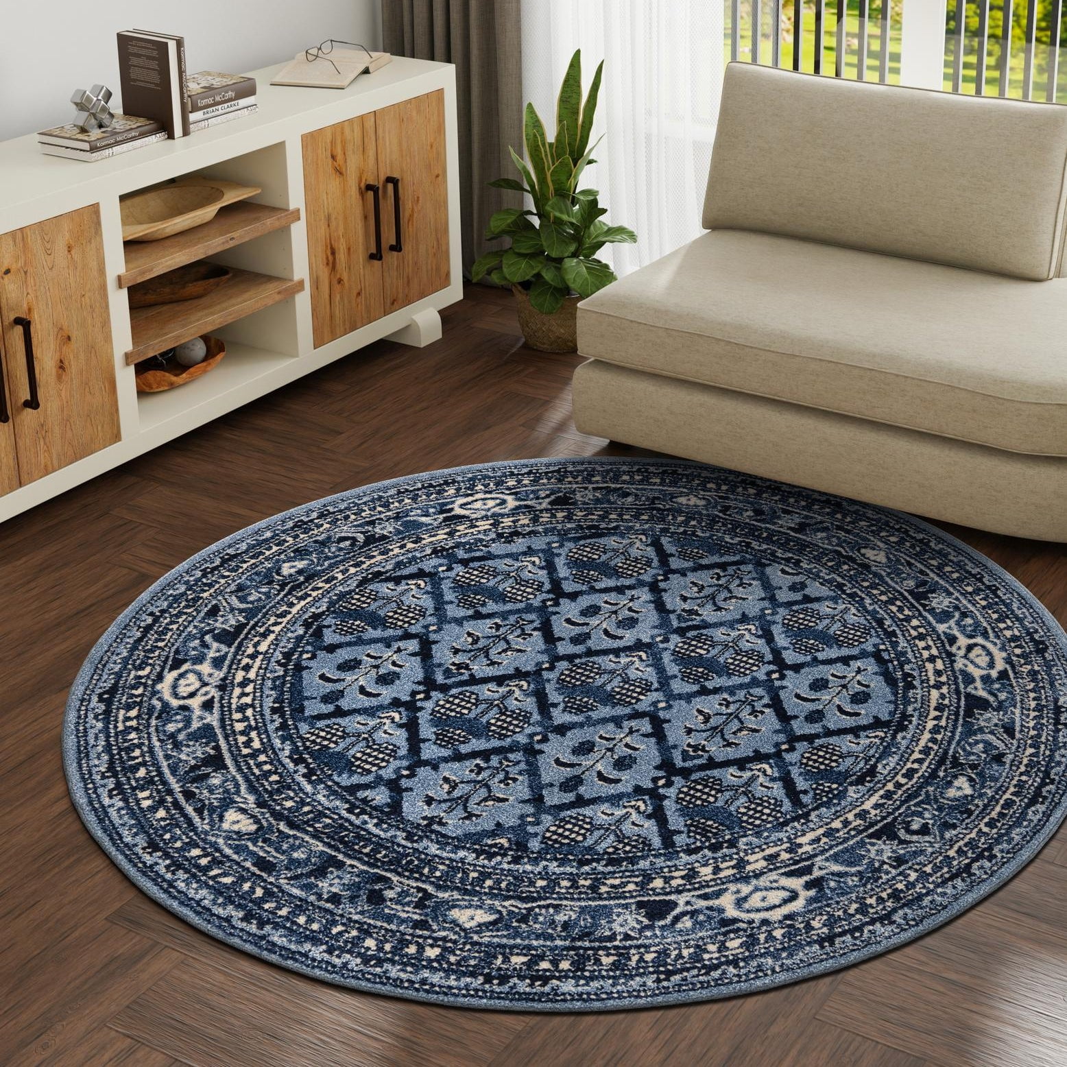 Elegant Trellis Round 6' Blue Synthetic Rug for Indoor Use