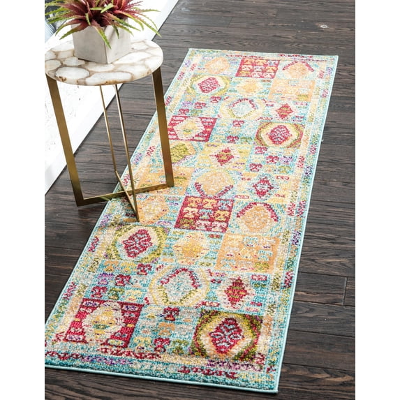 Unique Loom Lassen Sedona Rug Light Blue/Green 2' 7" x 10' Runner Geometric Bohemian Perfect For Bathroom Hallway Mud Room Laundry Room