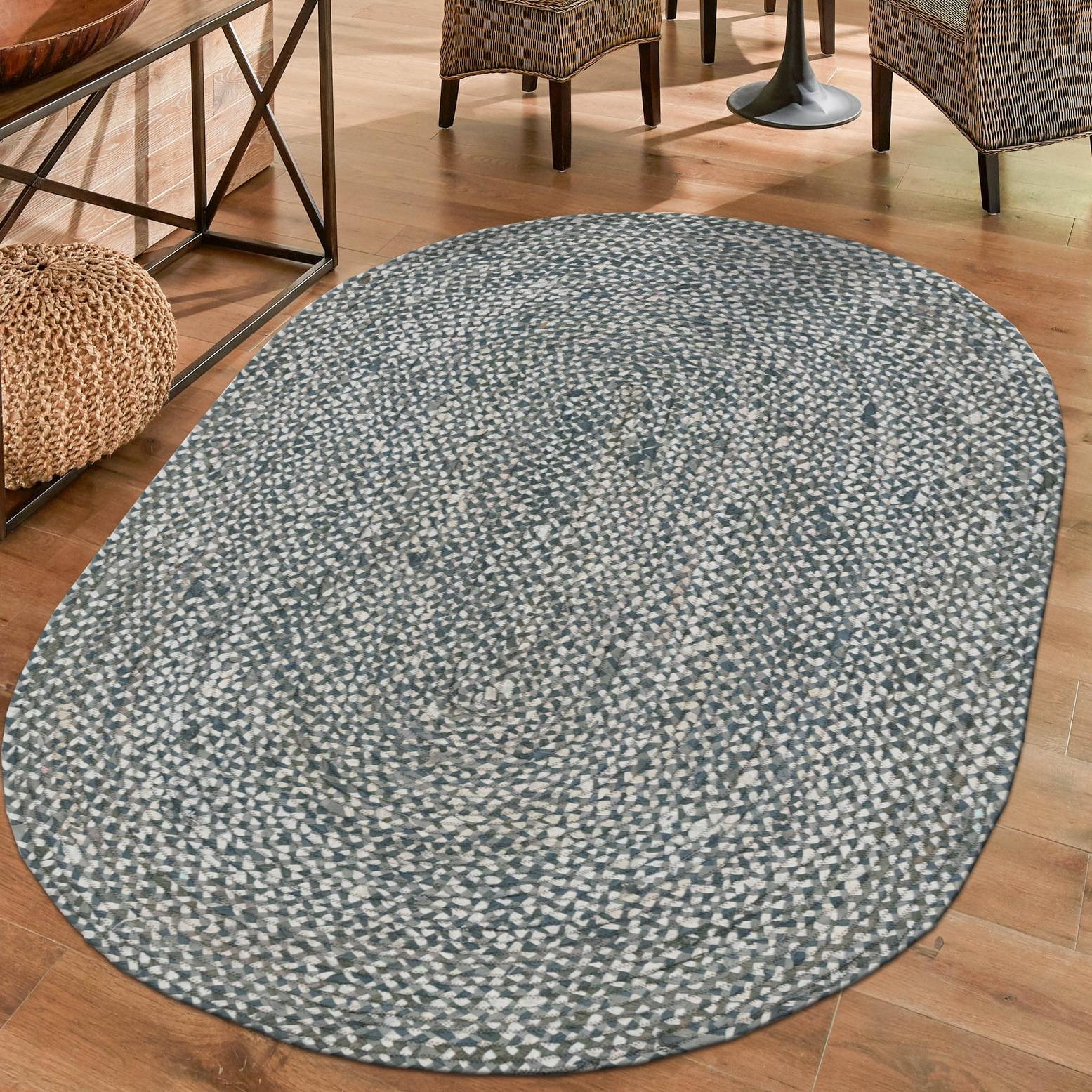 Gray Oval Braided Reversible Handmade Cotton Area Rug