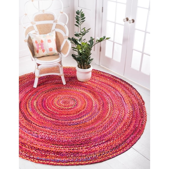 Unique Loom Layer Braided Chindi Rug Red/Purple 8' Round Braided Abstract Comfort Perfect For Dining Room Entryway Bed Room