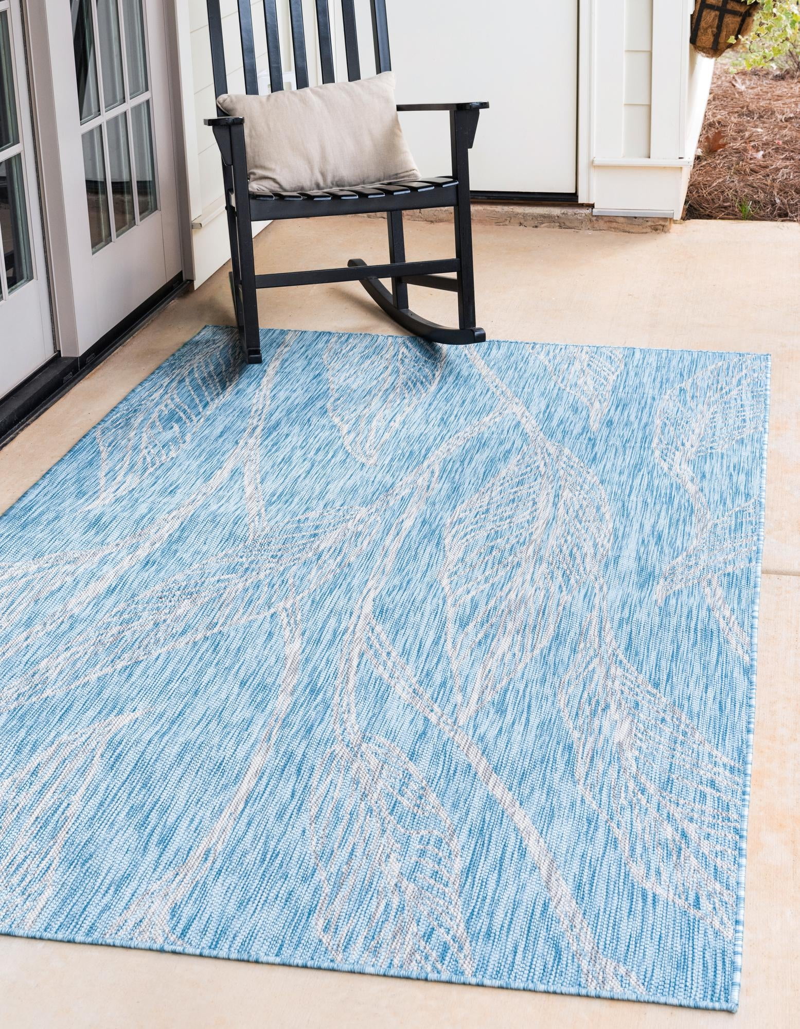 Aqua Blue Abstract 6' x 9' Easy-Care Synthetic Outdoor Rug
