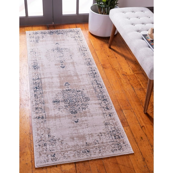 Unique Loom Leila Rug Beige and Blue/Ivory 2' 2" x 6' 1" Runner Perfect For Bathroom Hallway Mud Room Laundry Room