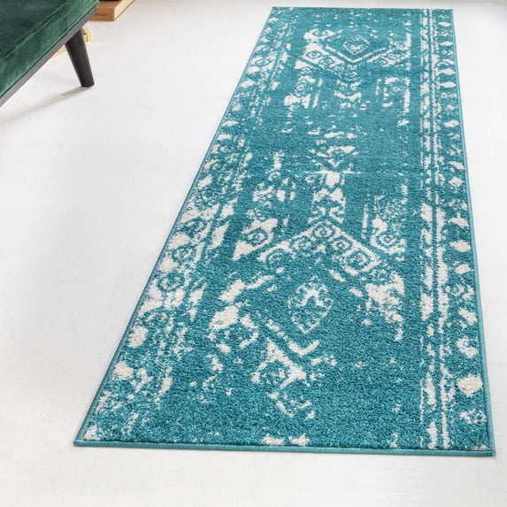 Unique Loom Lennon Collection Area Rug - Zal (2' x 5' 3" Runner Turquoise/Ivory)