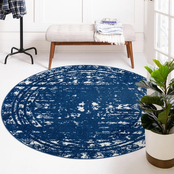 Unique Loom Lennon Collection Area Rug - Zal (4' 1" Round Navy Blue/Ivory)