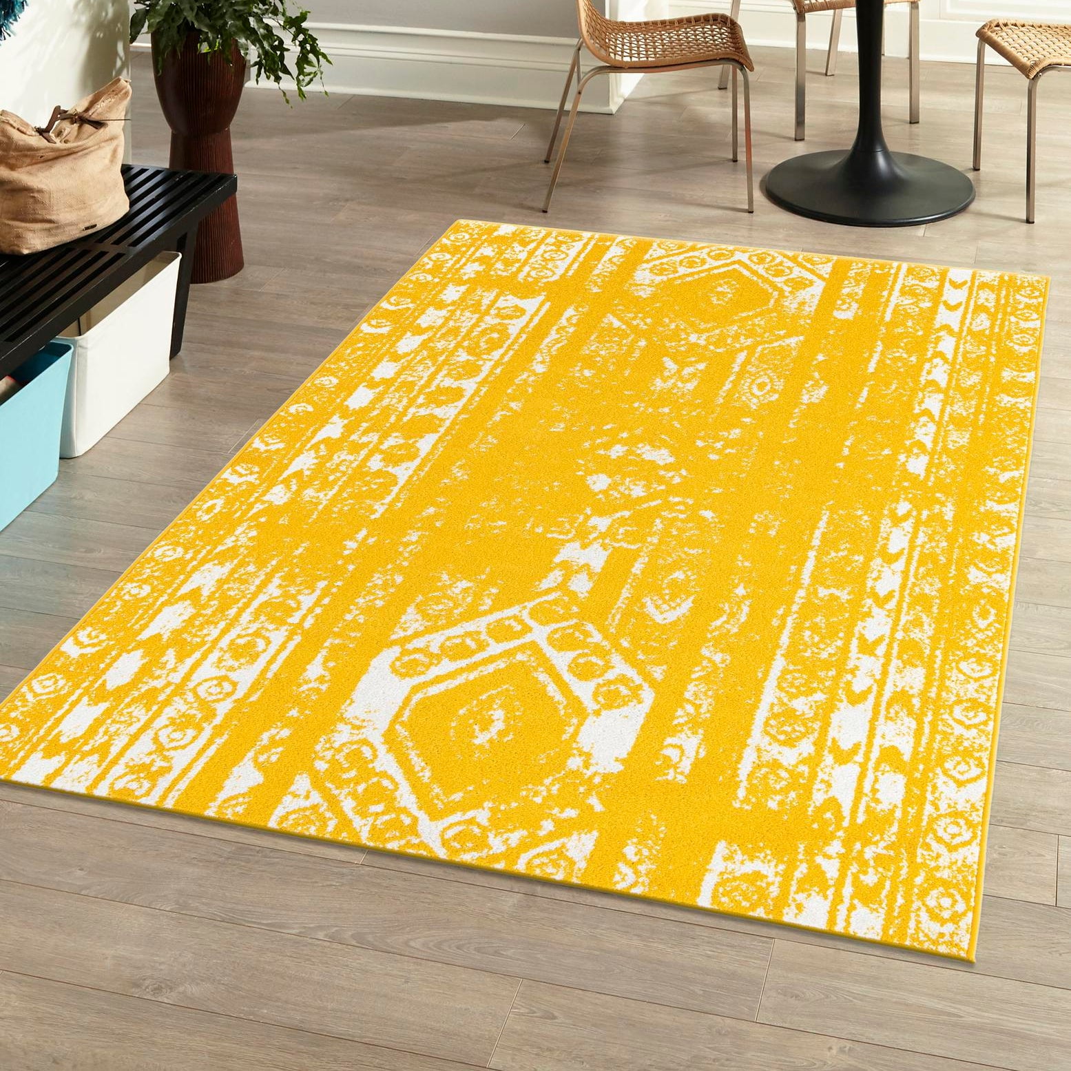 Yellow and Ivory Synthetic Rectangular 4' x 6' Area Rug