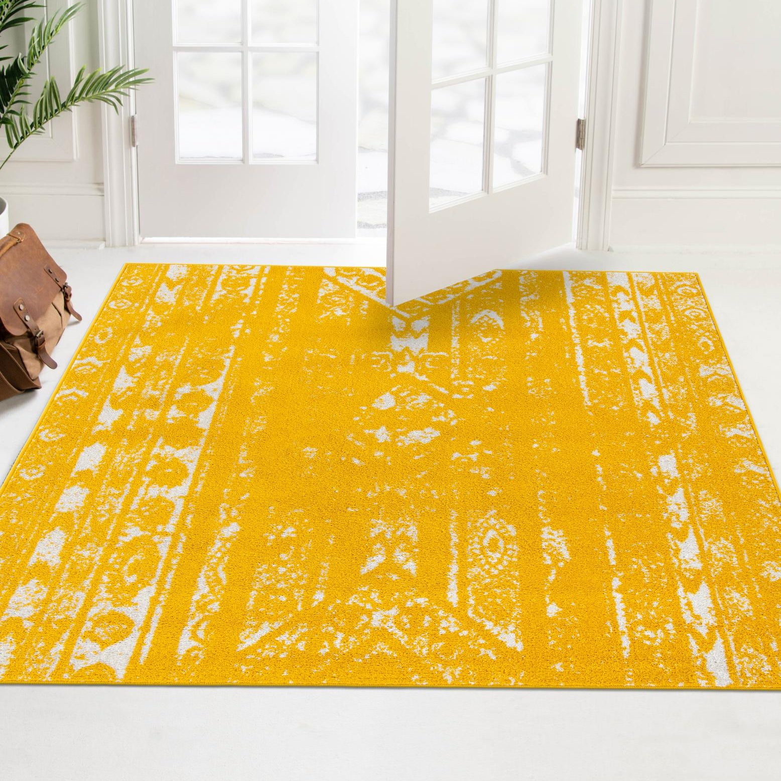 Vibrant Yellow Square Synthetic Area Rug for Modern Homes