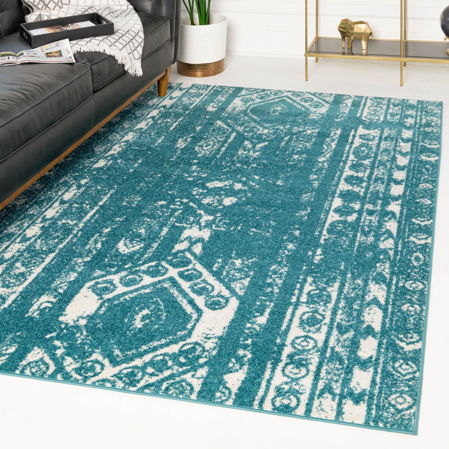 Turquoise and Ivory 9' x 12' Synthetic Rectangular Area Rug