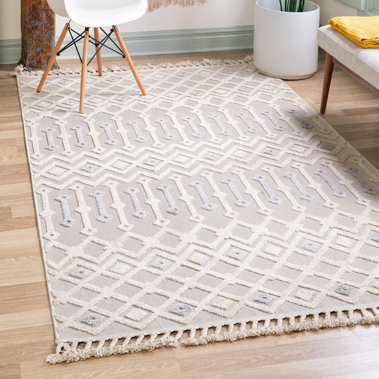 Sandy Beige Geometric Braided Rectangular Synthetic Rug
