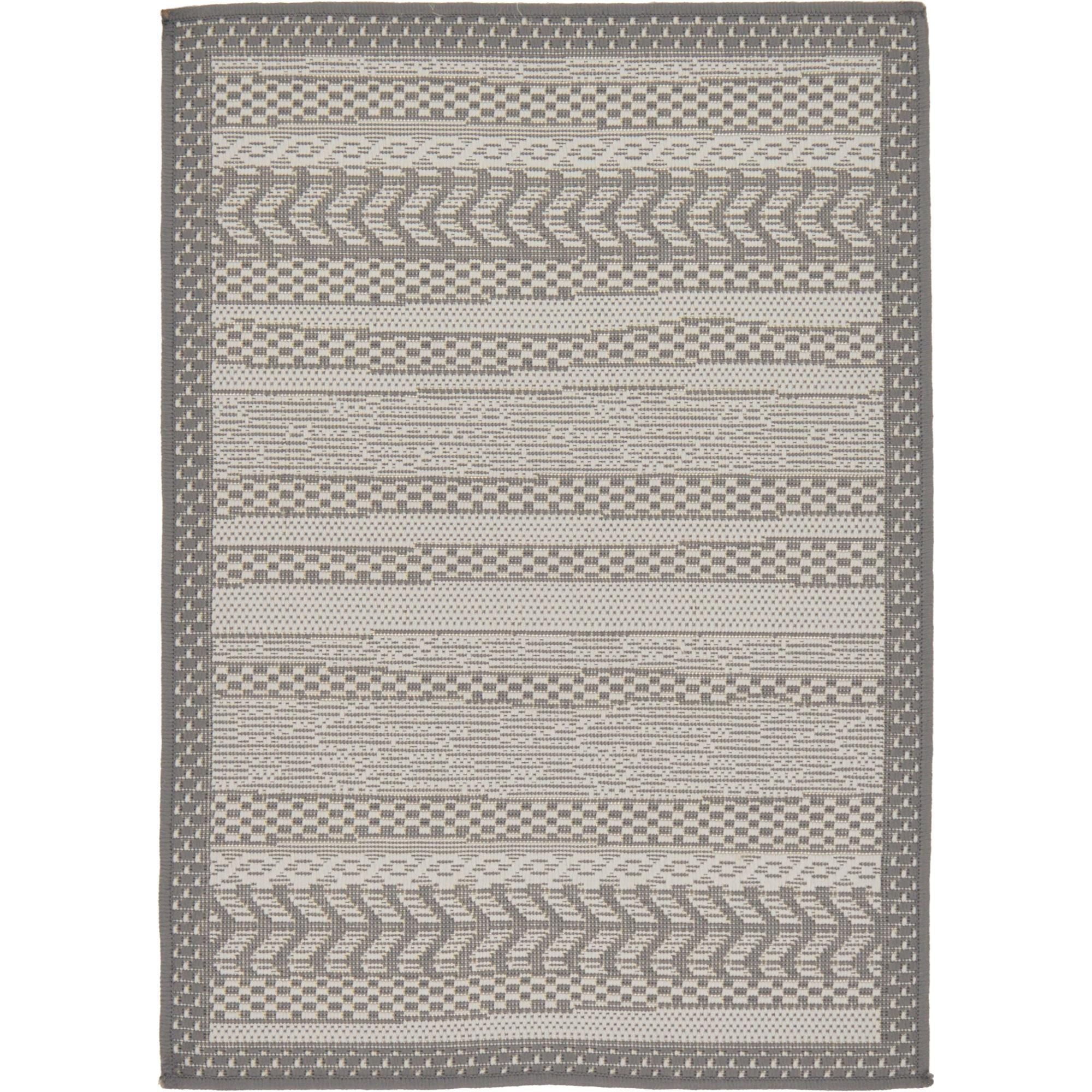 Gray and Silver Striped Outdoor Rectangular Rug