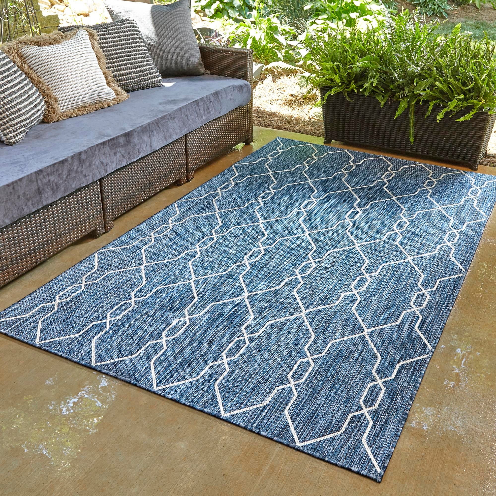 Blue Rectangular Stain-Resistant Outdoor Area Rug 9' x 12'