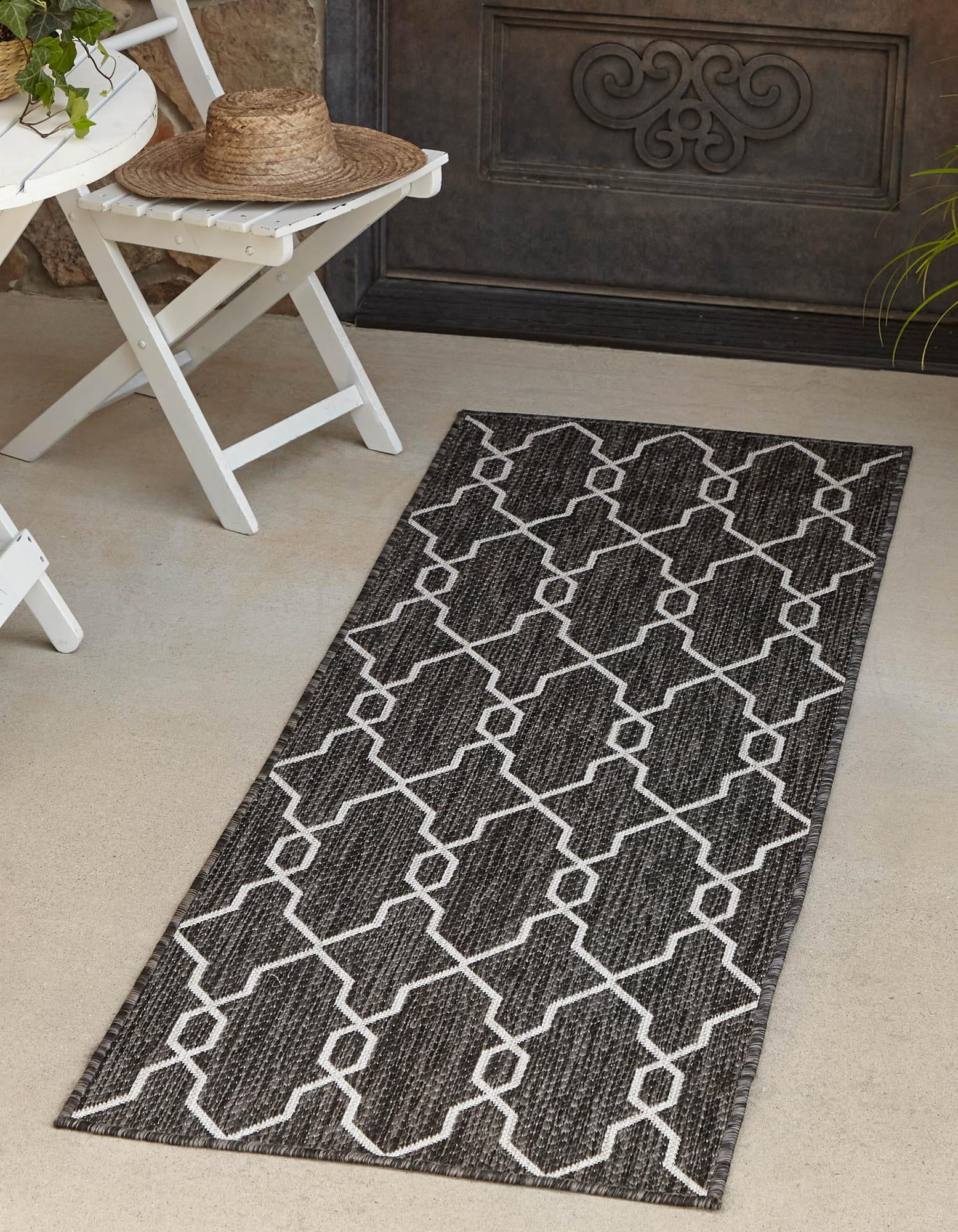 Charcoal Trellis Flat Woven Outdoor Runner Rug