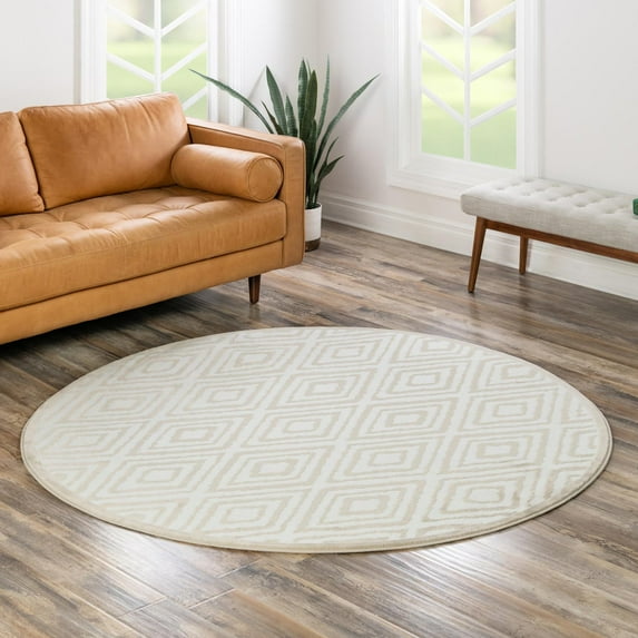 Unique Loom Hermitage Collection Area Rug - Loggias (4' Round Snow White/Beige)