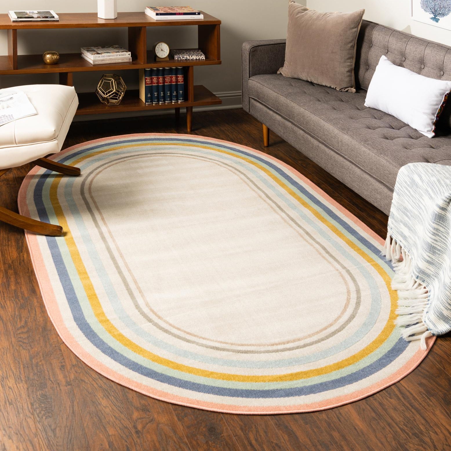 Tappeto Rotondo Unique Loom Lotus Collection – Bordi Moderni – 152 Cm (5 Ft) – Colori Avorio, Blu, Rosa, Oro – Tessuto In Turchia, Polipropilene E Iuta