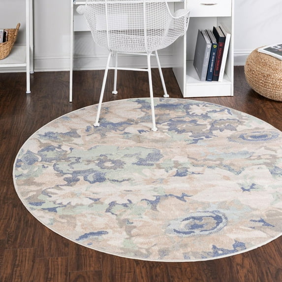 Unique Loom Lotus Collection Area Rug - Nymphaea (5' 3" Round Blue/Light Blue)