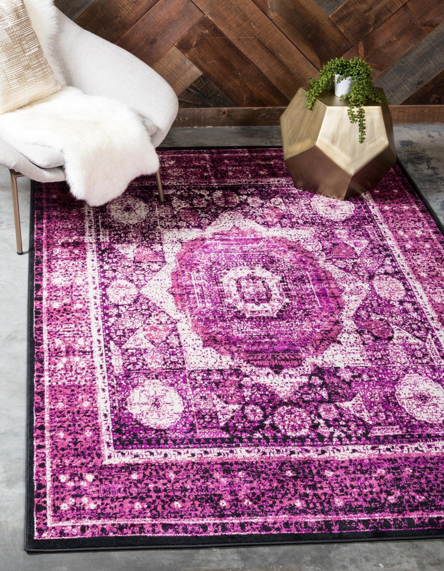 Lilac and Ivory Rectangular Synthetic Easy Care Rug