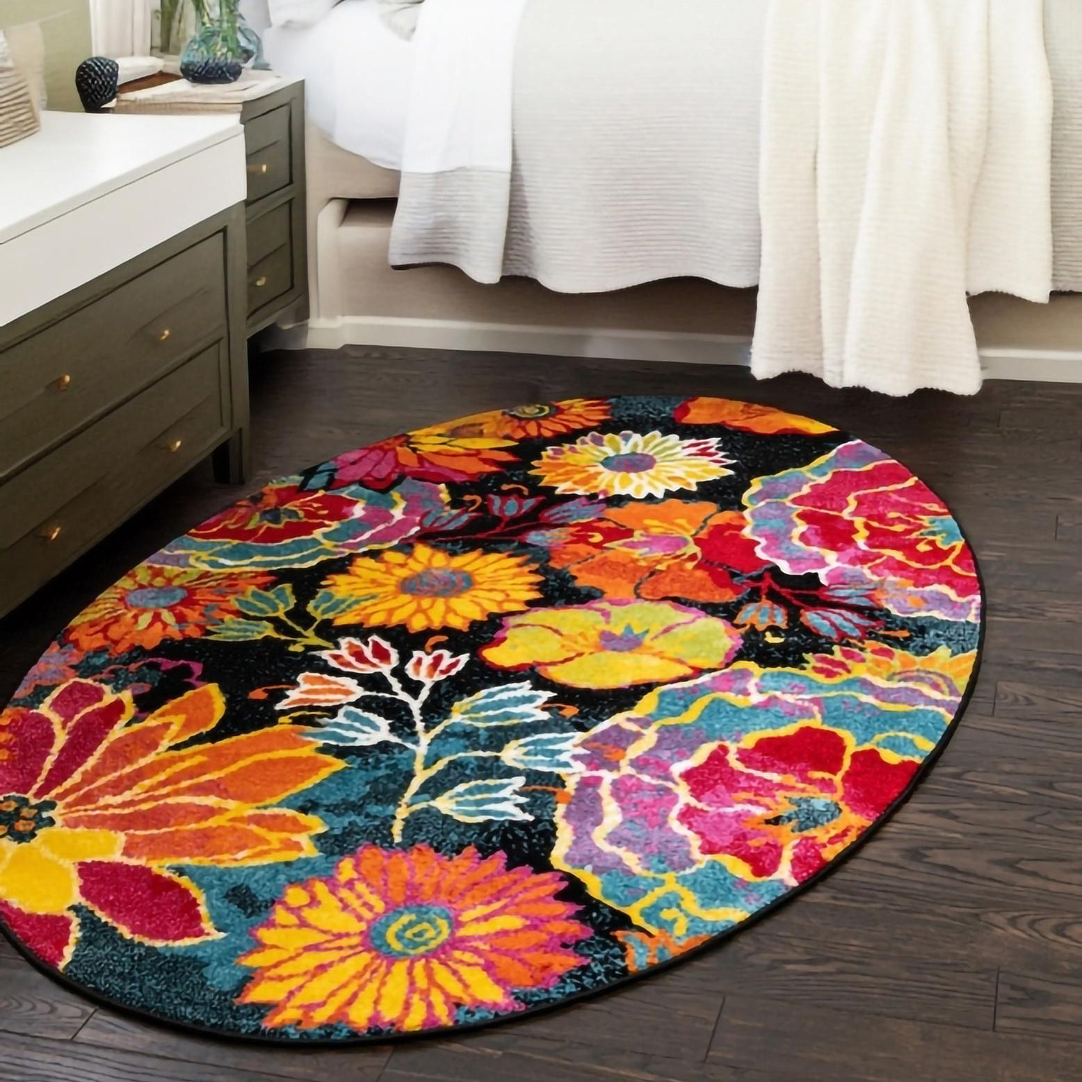 5' x 8' Oval Black Floral Synthetic Kids Area Rug