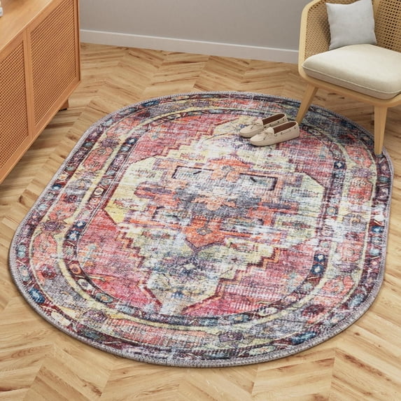 Unique Loom Maahru Collection Area Rug - Gibbous (5' 3" x 8' Oval Yellow Pink/Beige)