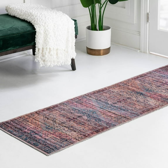 Unique Loom Maahru Collection Area Rug - Quarter Moon (2' x 6' 1" Runner Antique Rust Red/Blue)