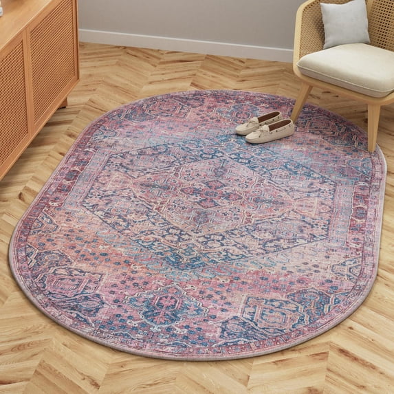 Unique Loom Maahru Collection Area Rug - Quarter Moon (4' 1" x 6' 1" Oval Antique Rust Red/Blue)