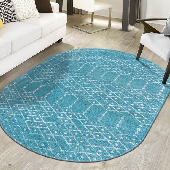 Unique Loom Paxon Trellis Collection Area Rug - Maeve (5' 3" x 8' Oval Teal blue/Ivory)