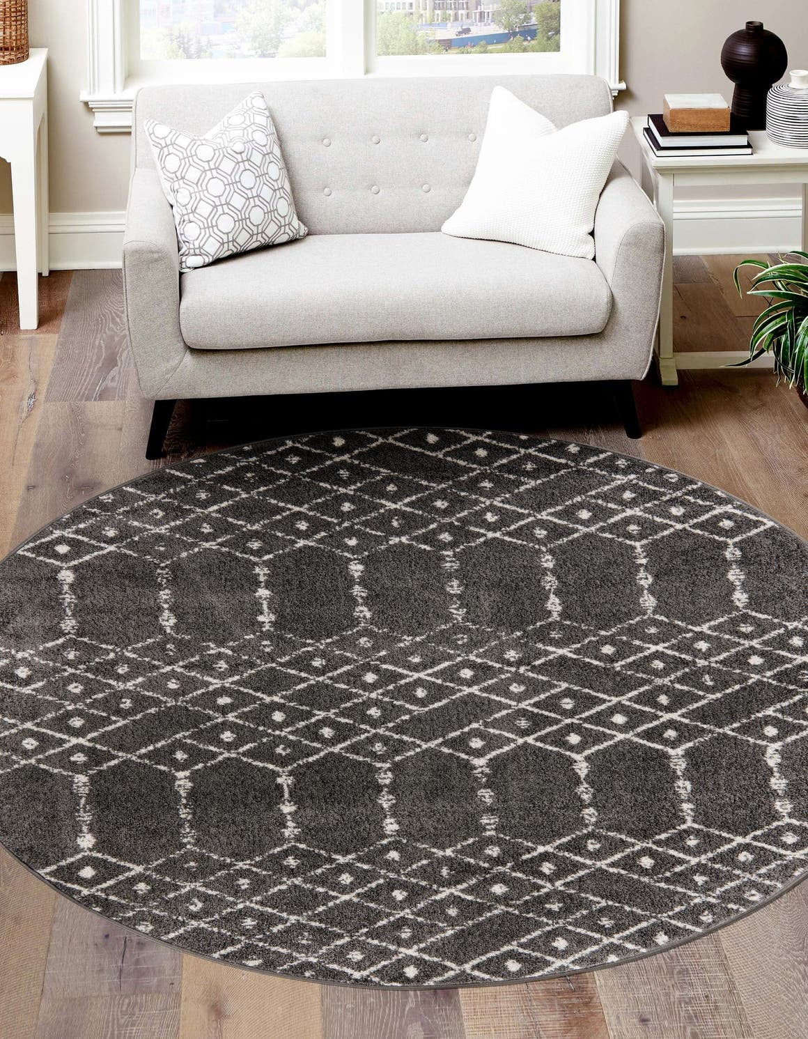 Unique Loom Maeve Paxon Trellis Rug ,Round,3' 0" x 3' 1" Charcoal Gray Modern Trellis Dining