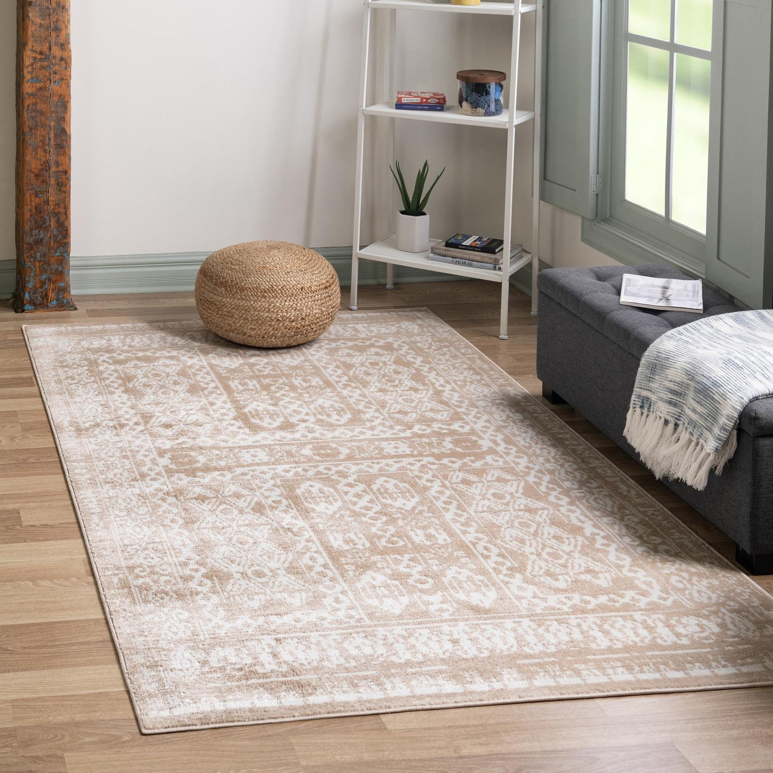 Oxford Beige and Ivory Geometric Floral 9' x 12' Area Rug