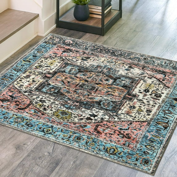 Unique Loom Medina Collection Area Rug - Magnet (3' 3" Square Powder Blue/Black)