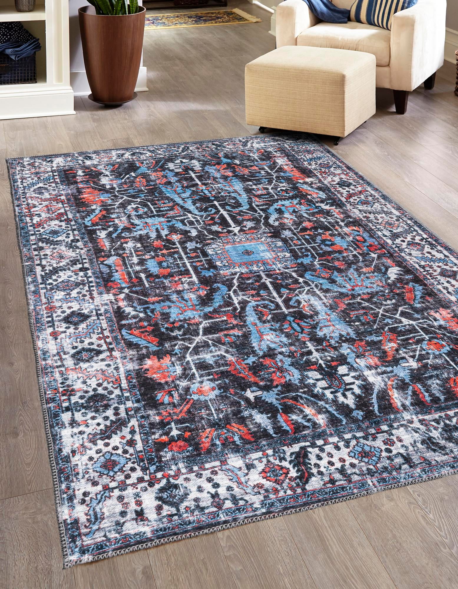 Black and Blue Rectangular Washable Chenille Area Rug