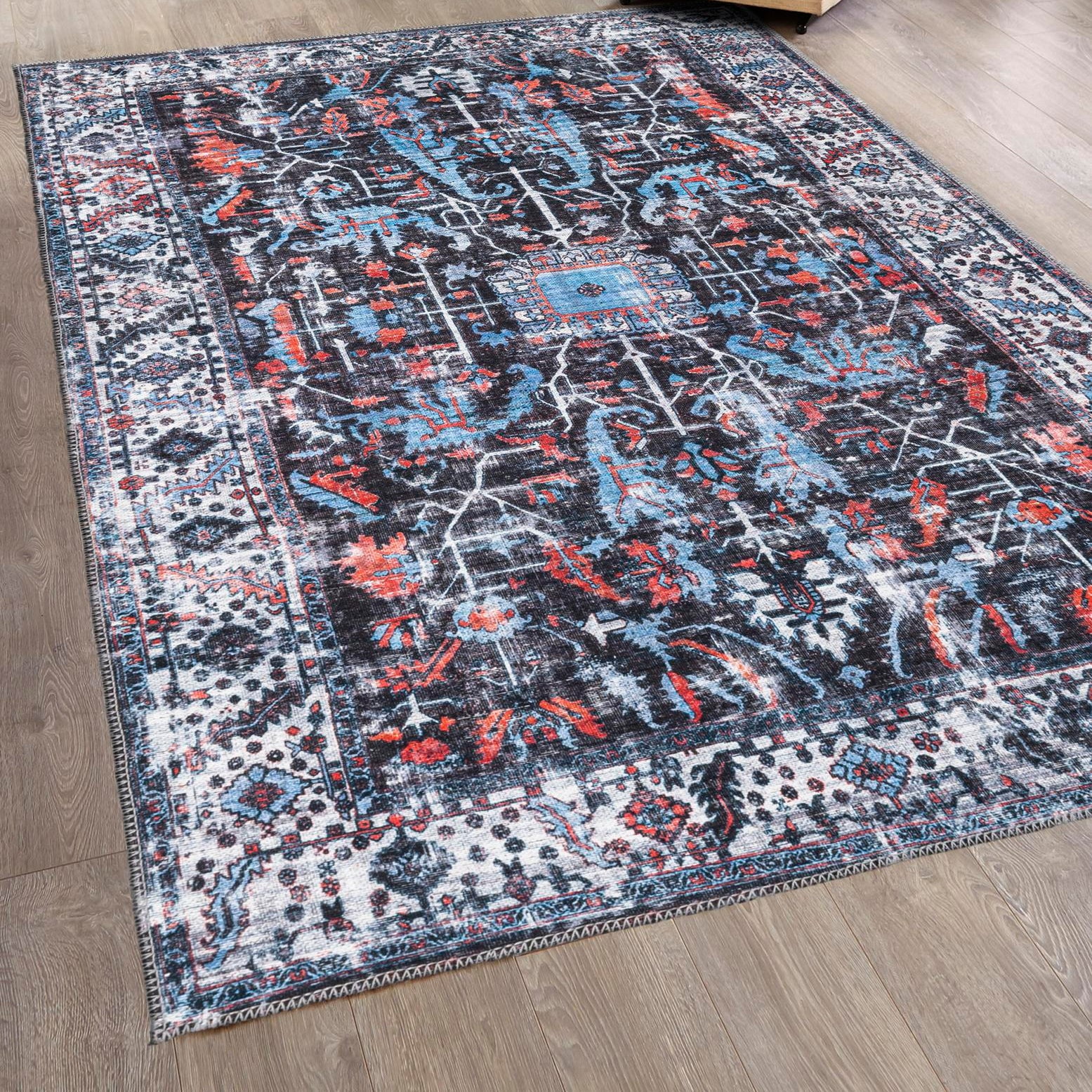 Black and Blue Rectangular Washable Chenille Area Rug